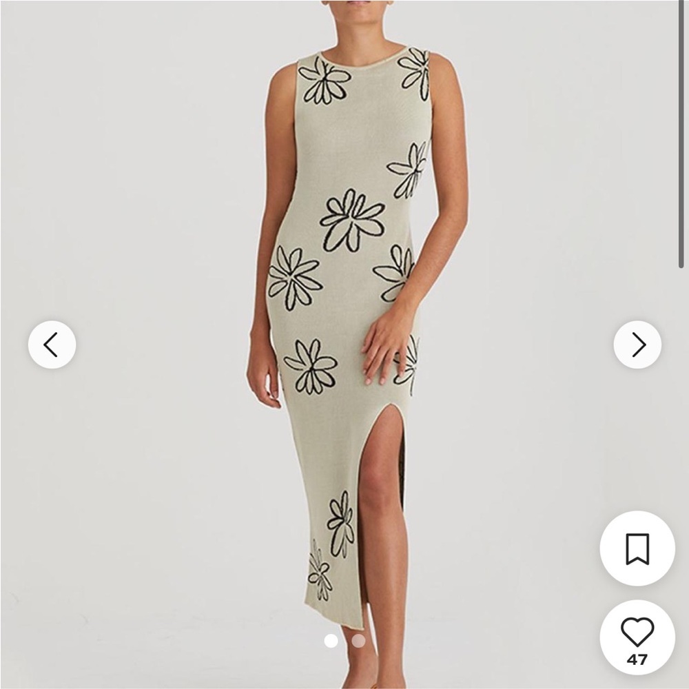 Cream midi Dress with Black Floral Design